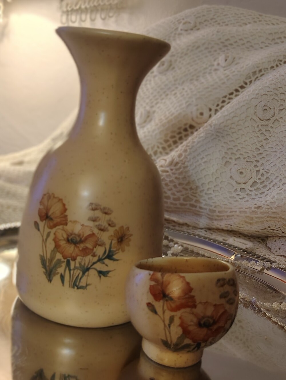 Vintage 70s Speckled Stoneware Sake Set Poppy Floral Tokkuri Carafe Ochoko Cup